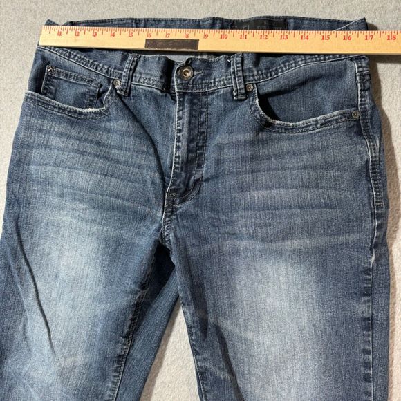 TK Axel Jeans Mens 34x32 Blue Straight Cut Denim Pants Thick Stitch Embroidered - Picture 2 of 13